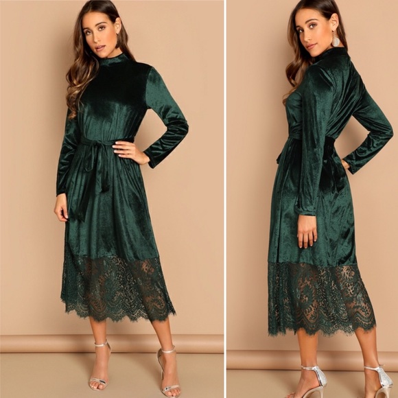 SHEIN Dresses & Skirts - Shein Velvet Dress with Contrast Lace Green, Large